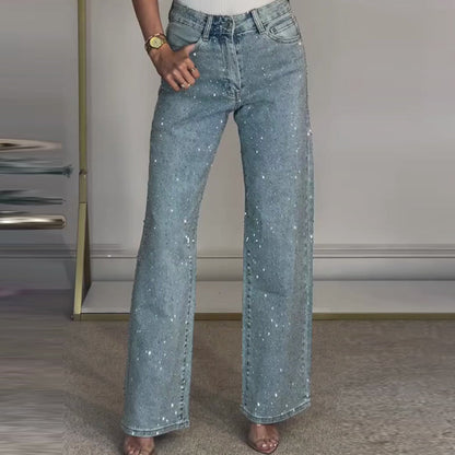 Jeans z ravnimi hlačnicami in okrasnimi kristali
