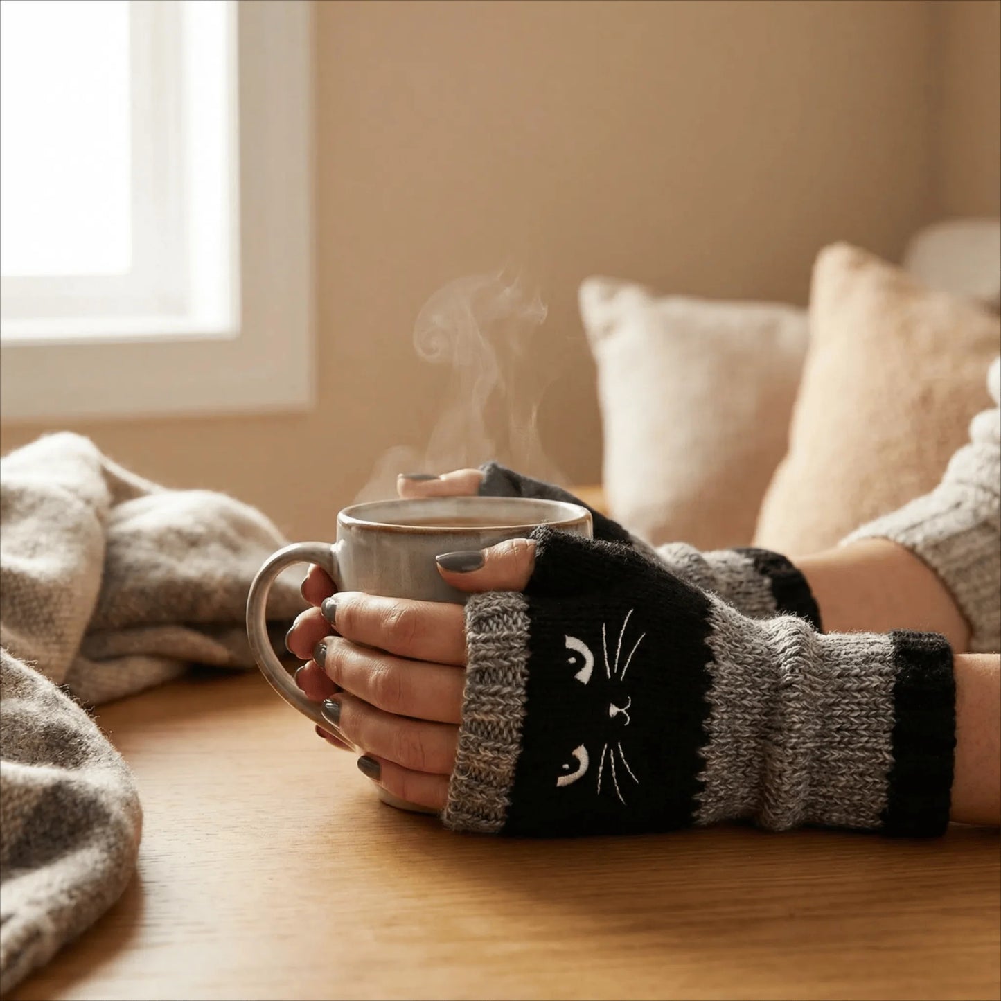 ❄️😻 Rękawiczki bez palców z haftem kota – ciepłe i stylowe na zimę ❄️