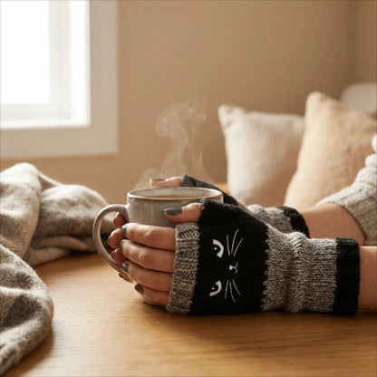 ❄️😻 Rękawiczki bez palców z haftem kota – ciepłe i stylowe na zimę ❄️