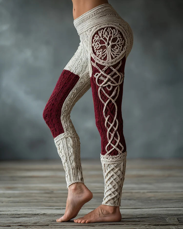Leginsy Vintage Viking z motywem celtyckiego węzła i żakardową dzianiną w kształcie drzewa życia