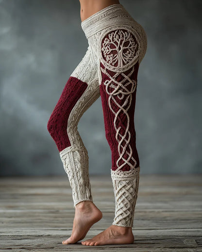 Leginsy Vintage Viking z motywem celtyckiego węzła i żakardową dzianiną w kształcie drzewa życia