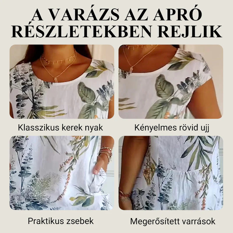 🌼Ženska obleka z okroglim izrezom iz bombaža in lana s potiskom