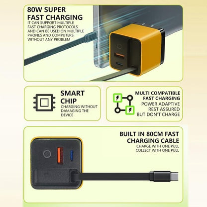Ładowarka GaN 3 w 1, skalowalny moduł szybkiej ładowarki 80 W MAX z kablem typu C i 2 portami USB