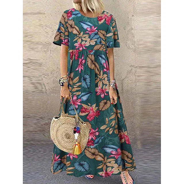 🥻 Novo elegantno dolgo krilo z okroglim izrezom in retro potiskom za ženske