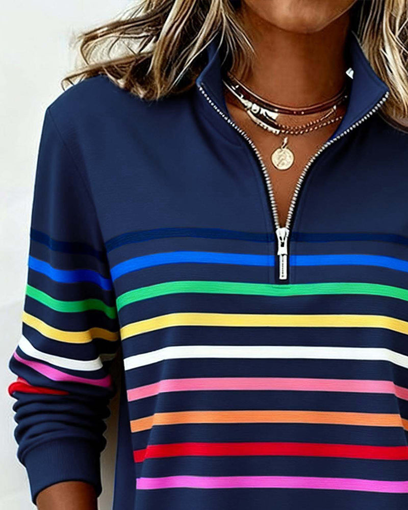 Modna bluza w tęczowe paski z kołnierzem zapinanym na zamek