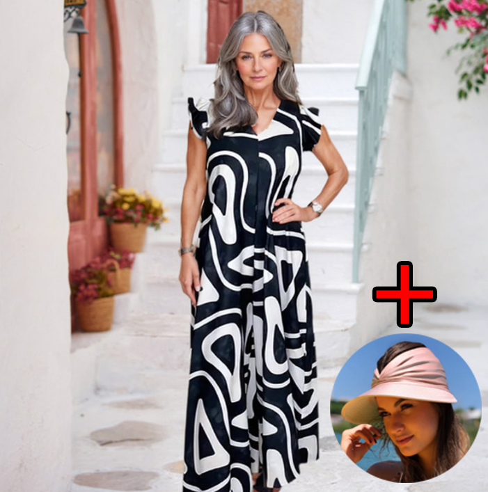 🌸 Kombinezon damski z geometrycznym wzorem i dekoltem w serek, z szerokimi nogawkami